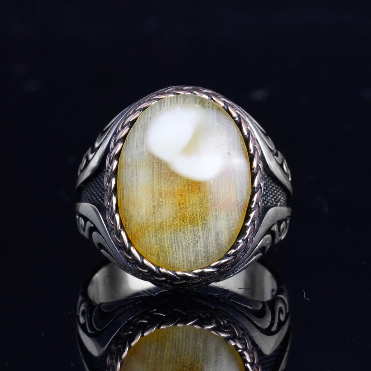 KAMBO Men's Natural Baltic Amber Stone Ring – 925 Sterling Silver Handmade Statement Ring – Authentic Amber Jewelry with Ottoman Style Details (Style-4) — 4