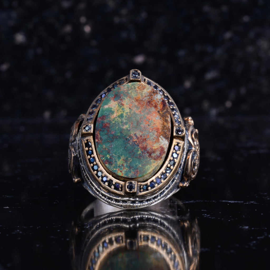 KAMBO Natural Green Turquoise Handmade Ring for Men 925 Sterling Silver Statement Ring Vintage Ottoman Style Thick Masculine Jewelry Gift — 4