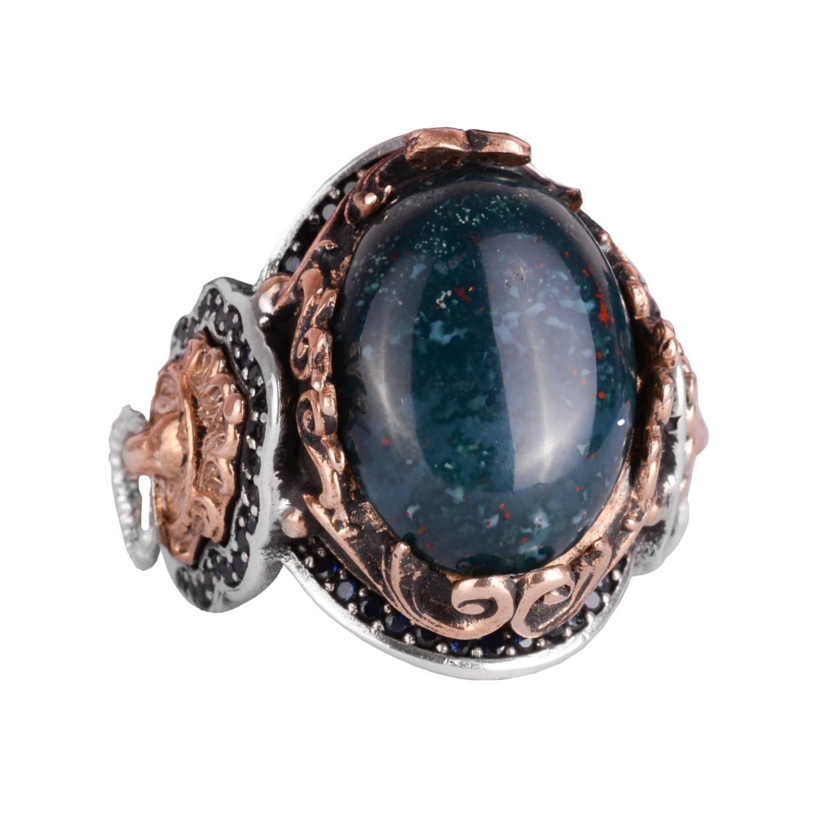 Lion Head Ring, Green Blood Stone Ring - 925 Sterling Silver