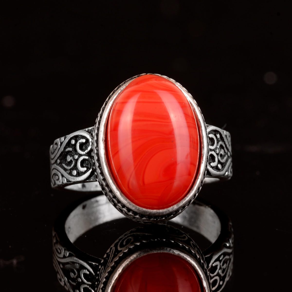 925 Sterling Silver Men's Ring, Natural Stone Ring, Red Coral Stone, Silver Jewelry, Coral Stone Ring — 4