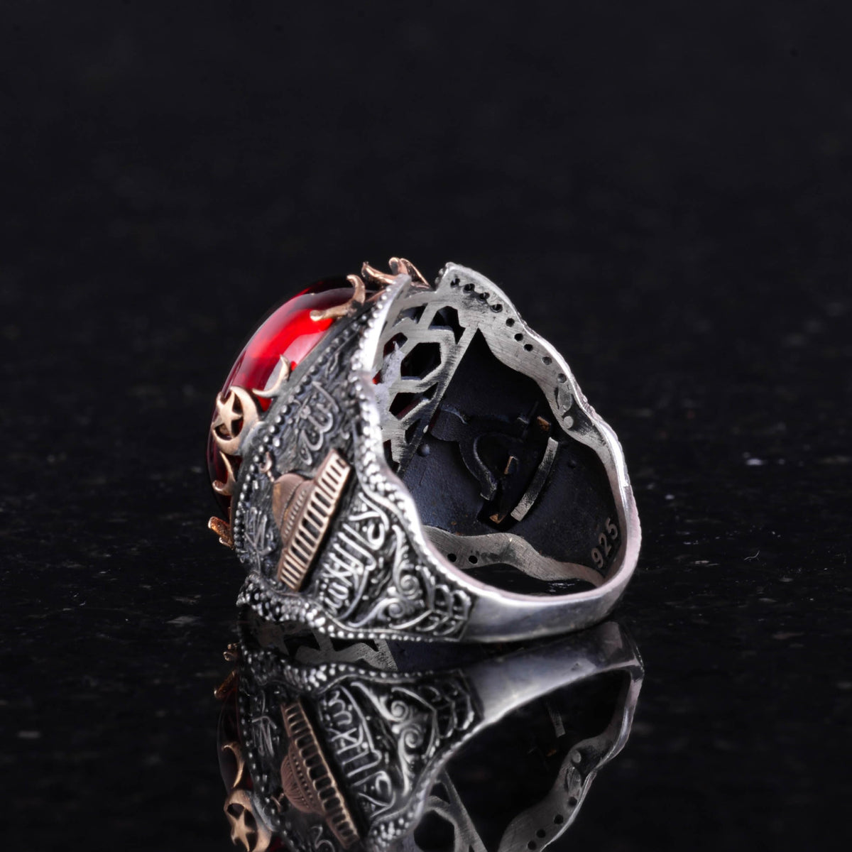 Silver Mosque Ring, Cabochon Garnet Stone Ring, 925 Sterling Silver — 5