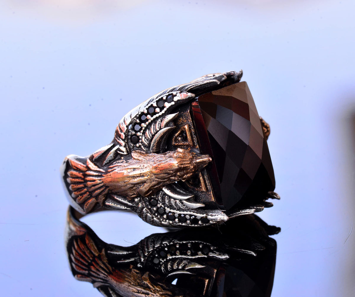 Handmade Onyx Stone 925 Sterling Silver Men's Ring, Eagle Design - Symbol of Strength and Protection — 4