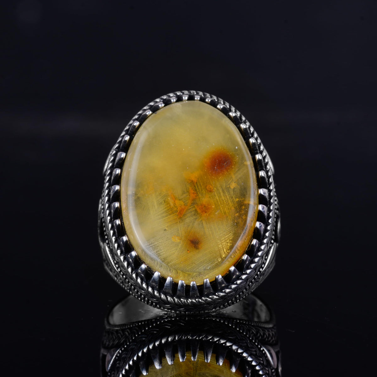 KAMBO Ottoman Tugra Design Natural Amber Stone Ring - 925 Sterling Silver Handmade (Model-14) — 4