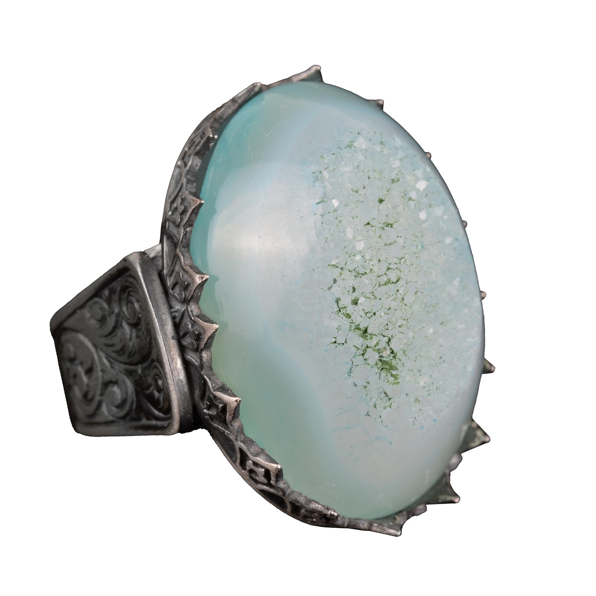 925 Sterling Silver Ring - Natural Druzy Quartz (Aqua)