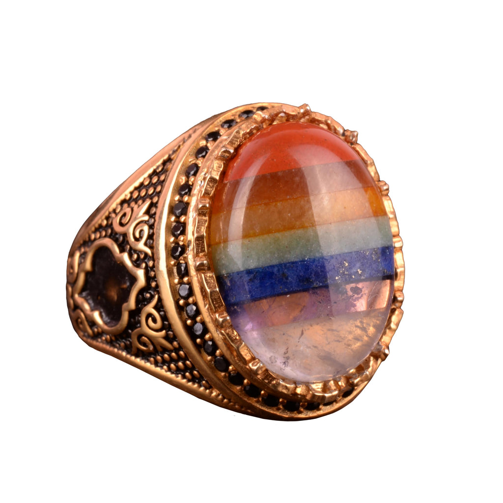 925 Sterling Silver Men's Ring, Real Natural Stone Rainbow Ring