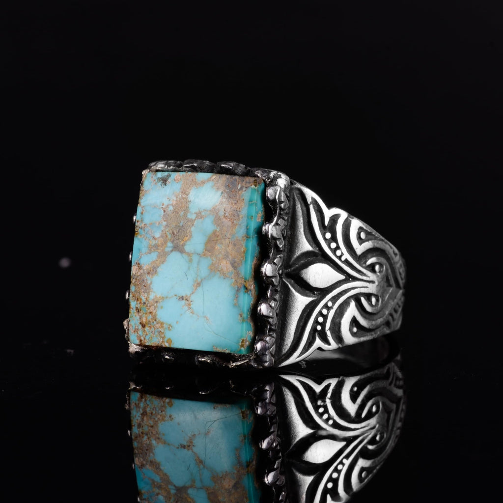 KAMBO Natural Turquoise Stone Square Ring – Vintage Carved Design 925 Sterling Silver Men's Statement Jewelry (Style-1) — 6