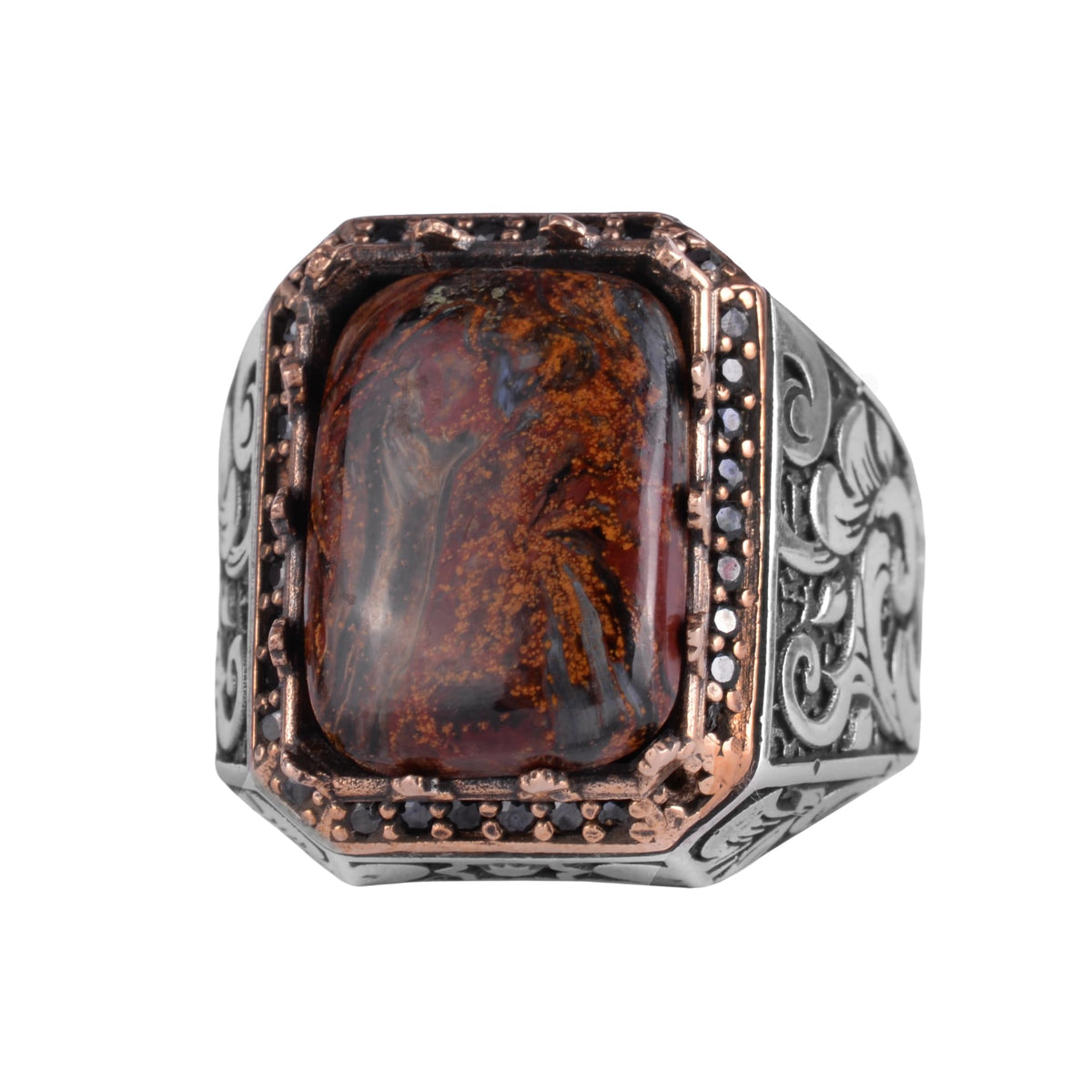 KAMBO Natural Stone Ring for Men 925 Sterling Silver - Rectangular Statement Ring Handmade Jewelry (Pietersite)