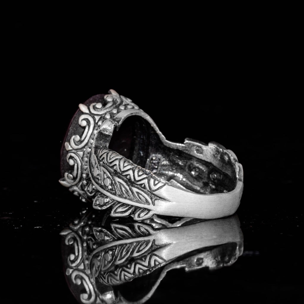 925 Sterling Silver Ring with Natural Star Garnet Stone - Handcrafted Leaf Pattern Ring — 7