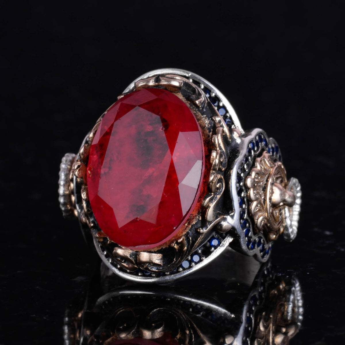 925 Sterling Silver Ring, Red Synthetic Paraiba Stone Ring, Lion Symbol Ring — 5