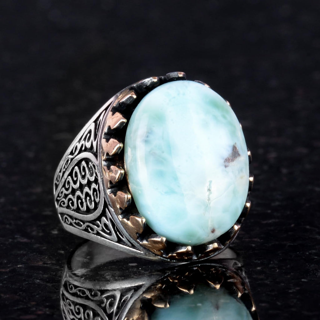 925 Sterling Silver Men's Ring - Handmade Elegance with Natural Larimar Stone — 3