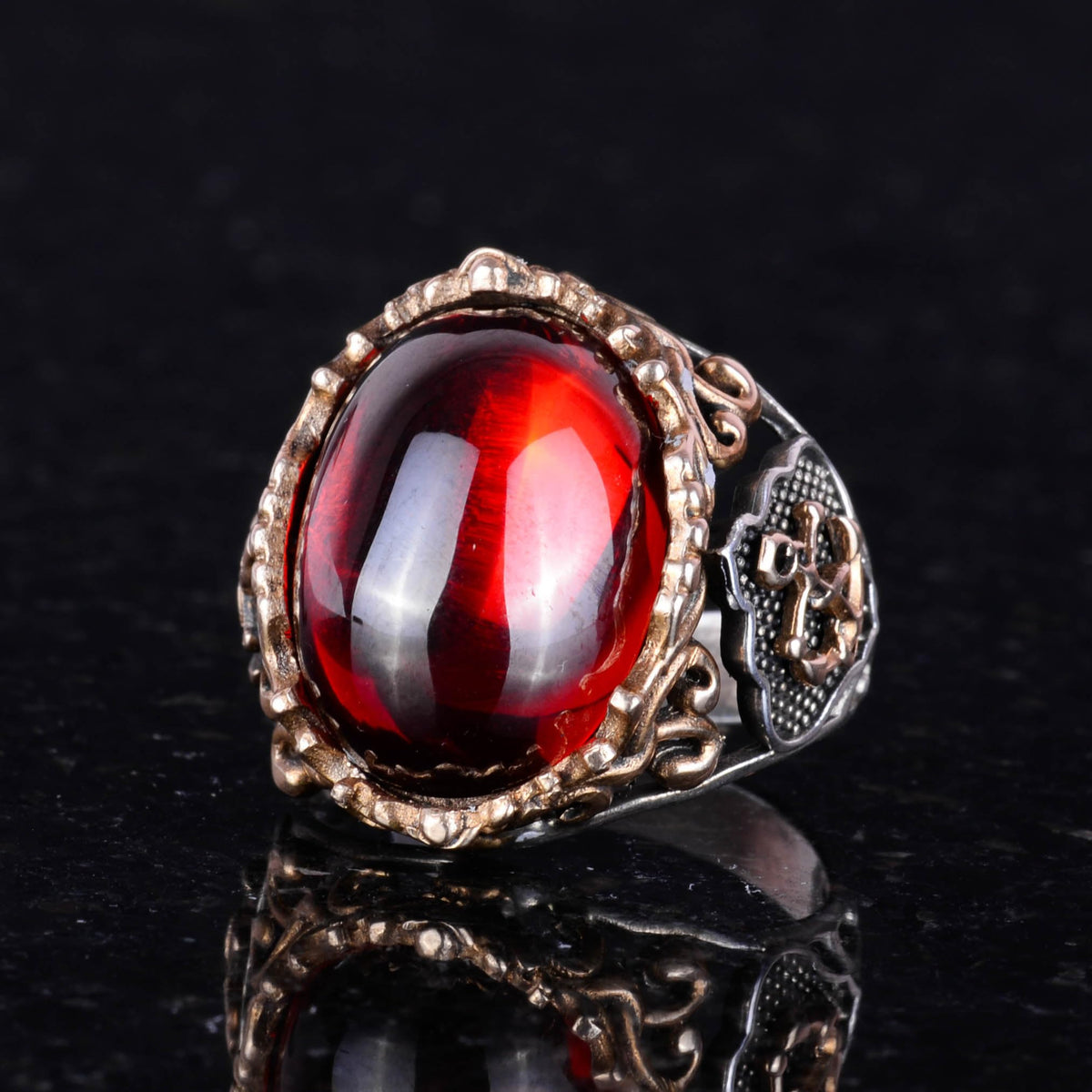 Silver Sailor Anchor Garnet Stone Ring — 4