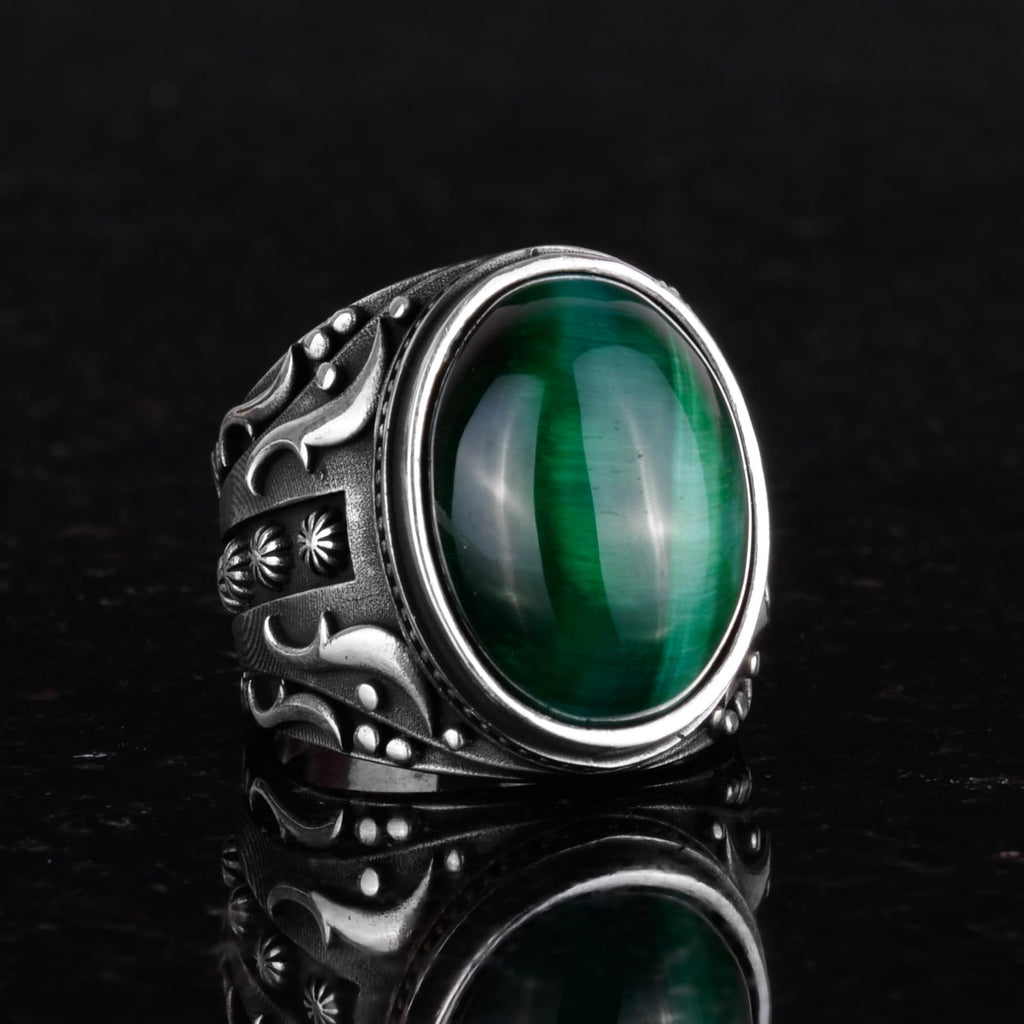 Green Synthetic Cat's Eye Stone Ring, 925 Sterling Silver Ring, Designer Silver Men's Ring — 3