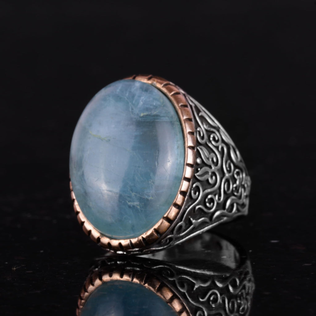 Natural Aquamarine Stone Ring, Sultan Ring, Peaceful 925 Sterling Silver Men's Ring — 6