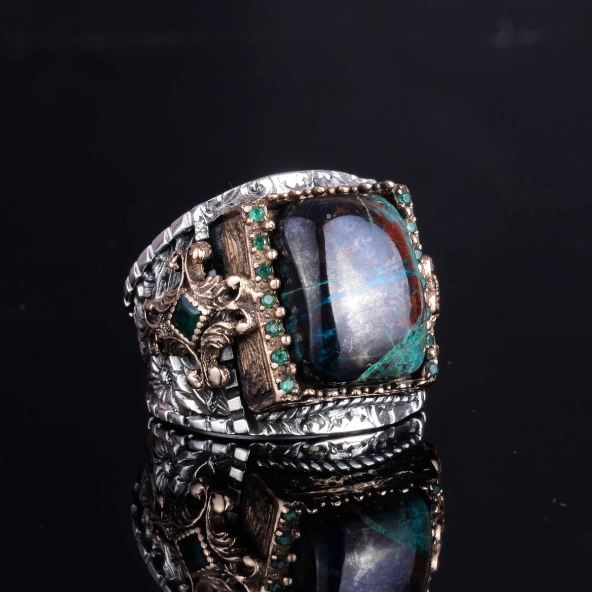KAMBO Natural Azurite Stone 925 Sterling Silver Men's Ring – Handmade Ottoman Style Statement Ring – Vintage Turkish Jewelry — 4