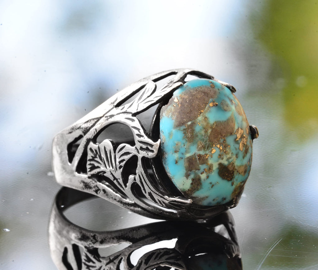 Arizona Turquoise Stone Ring, 925 Sterling Silver Leaf Ring — 3
