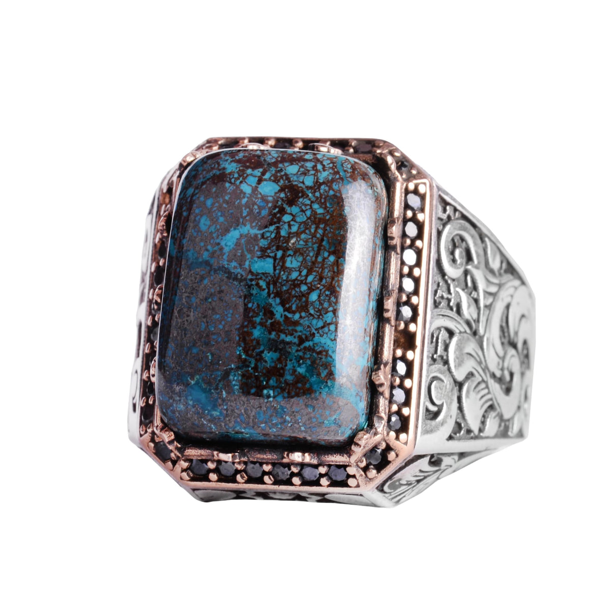 KAMBO Natural Stone Ring for Men 925 Sterling Silver - Rectangular Statement Ring Handmade Jewelry (Azurite)