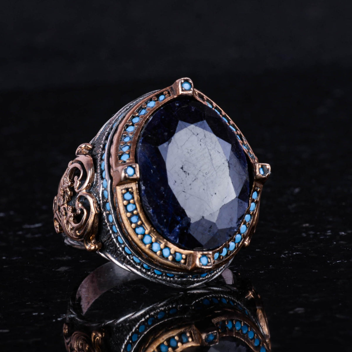 Natural Sapphire Stone 925 Sterling Silver Ring, Handmade Vintage Design, Men's Statement Ring — 5