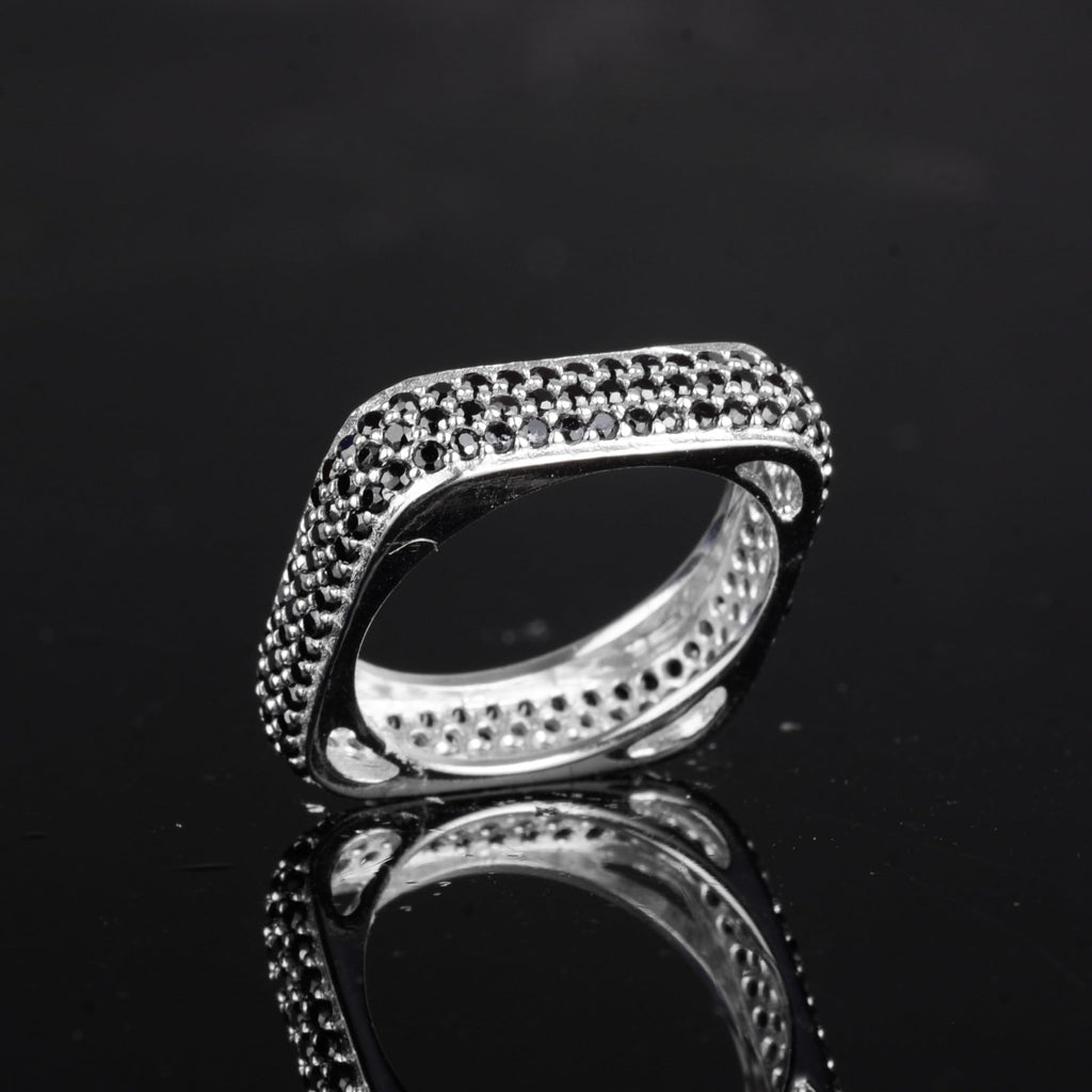 925 Sterling Silver Women's Square Infinity Band – Black Zircon Stone Geometric Ring – Modern Bold Statement Jewelry — 6