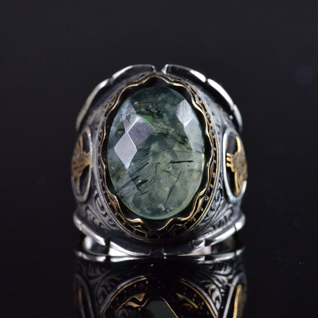 Prehnite Stone Ring, Handmade Ottoman Design 925 Sterling Silver Men's Ring — 6