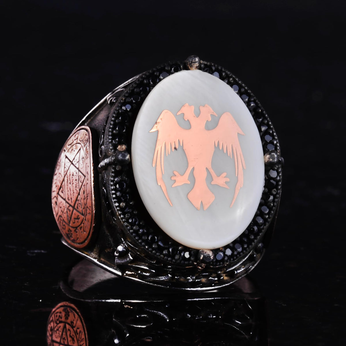 Natural Pearl Stone Ring - 925 Sterling Silver Handmade Men's Ring - Two Headed Eagle Design — 5
