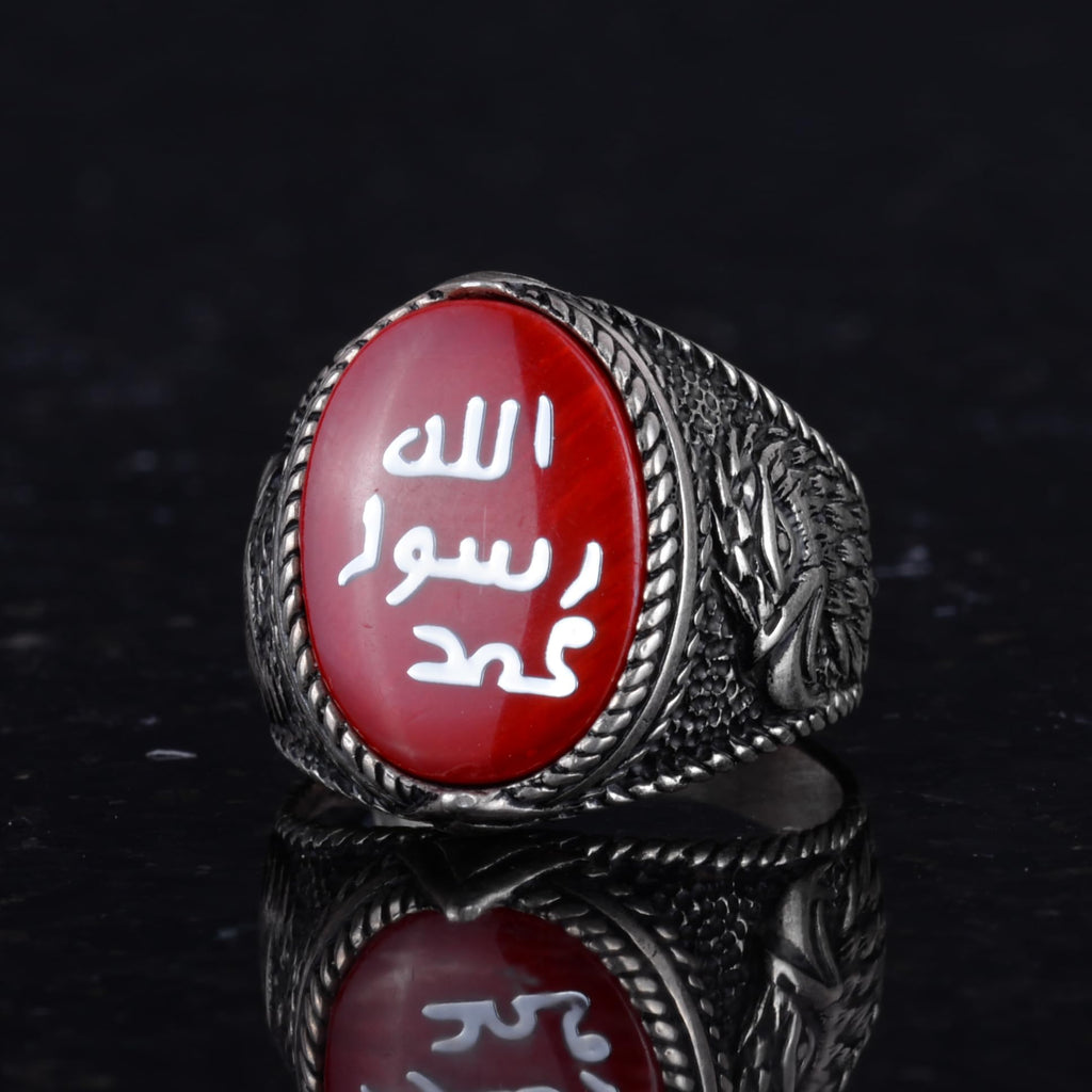 Islamic Men's Ring - Eagle Symbol Ring - 925 Sterling Silver Handmade Men's Ring (Red) — 6