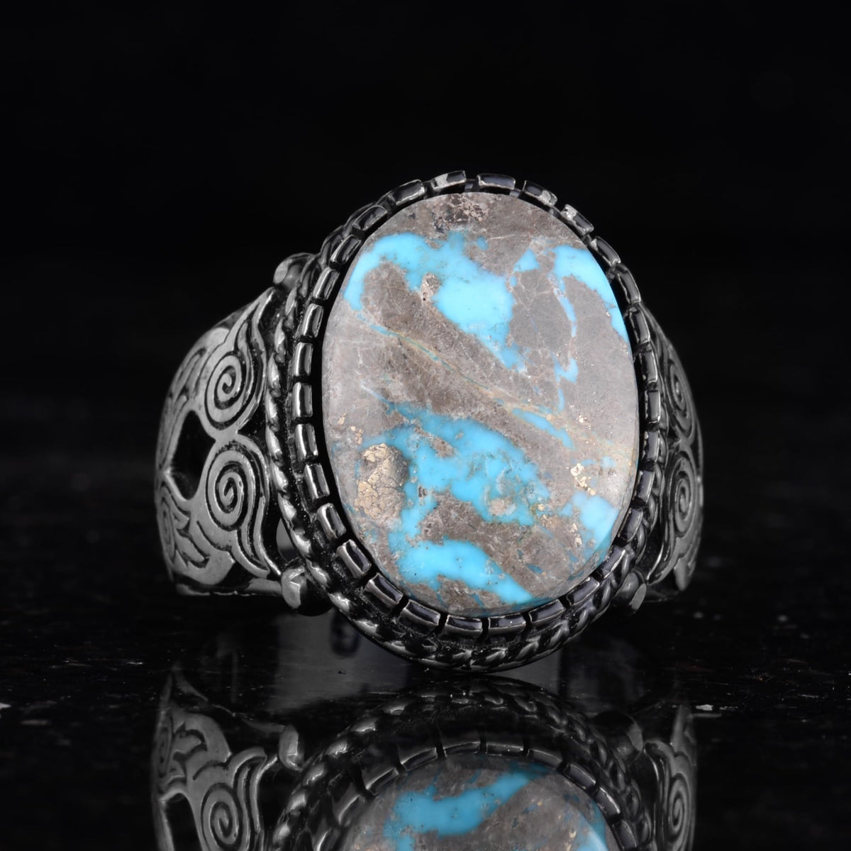 Natural Arizona Turquoise Owl Figure Silver Men's Ring — 5