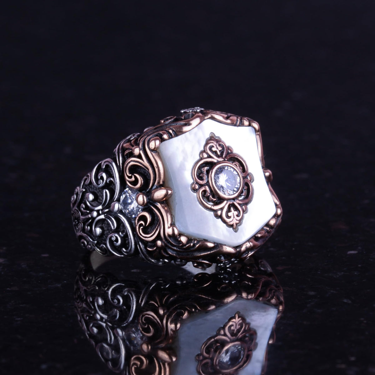 Natural Pearl Stone Ring, Handmade Vintage Design, 925 Sterling Silver Men's Ring — 5