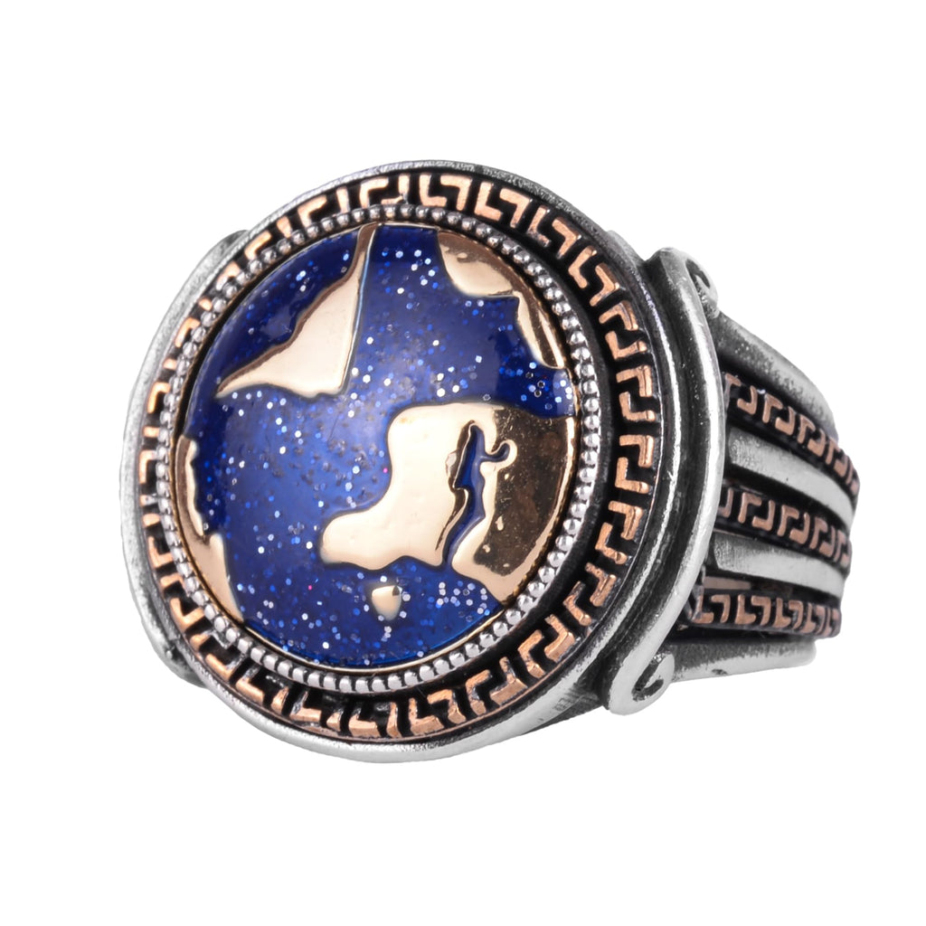 KAMBO World Map Men's Ring with Bronze Details 925 Sterling Silver Blue Enamel Globe Design Handmade Statement Ring
