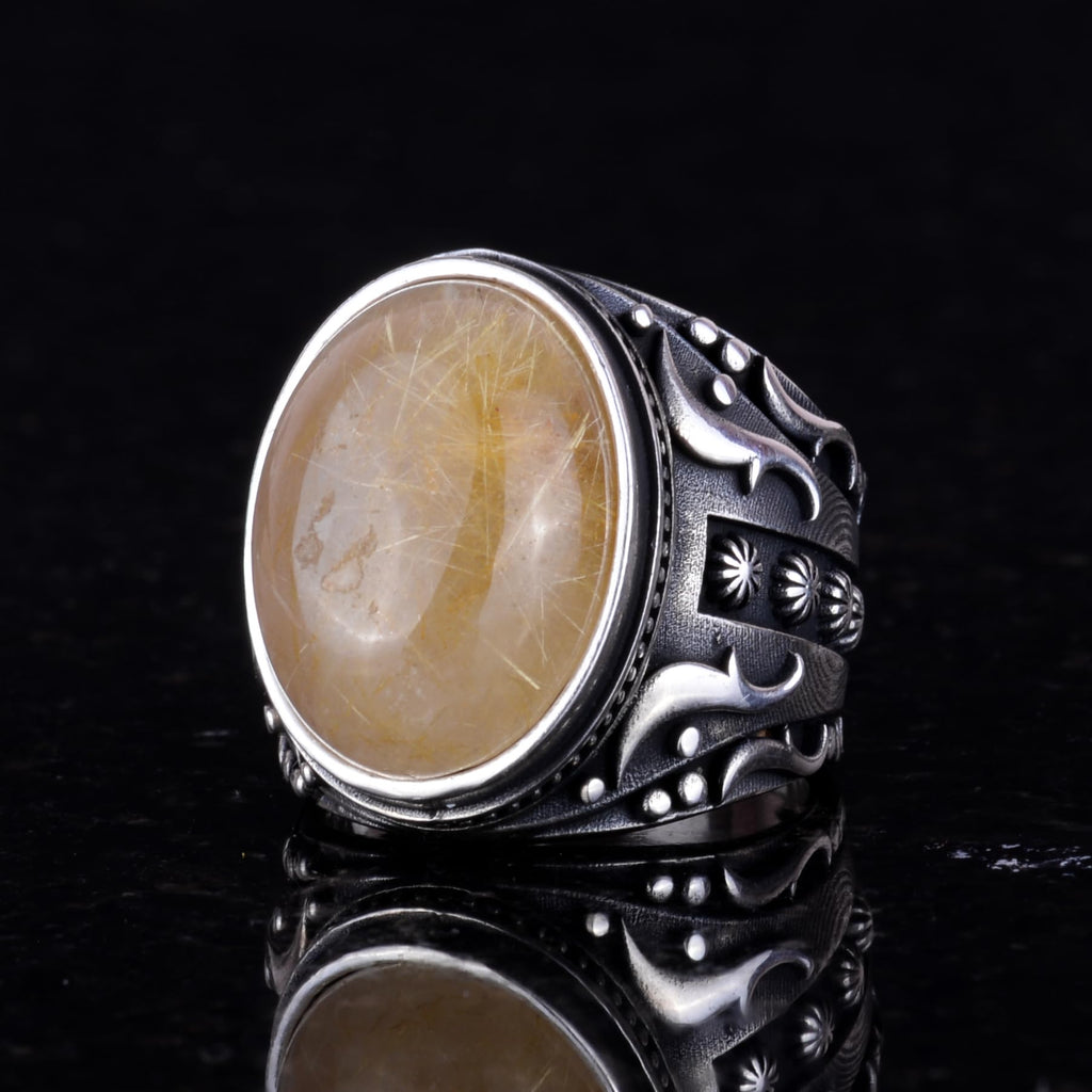 Natural Cabochon Gold Rutilated Quartz Stone Ring — 6