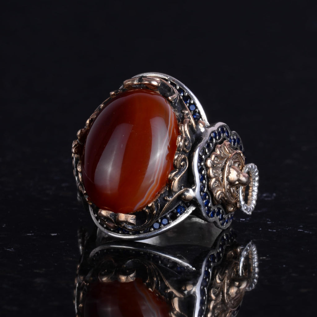Natural Red Agate Stone Ring - 925 Sterling Silver Men's Ring — 6