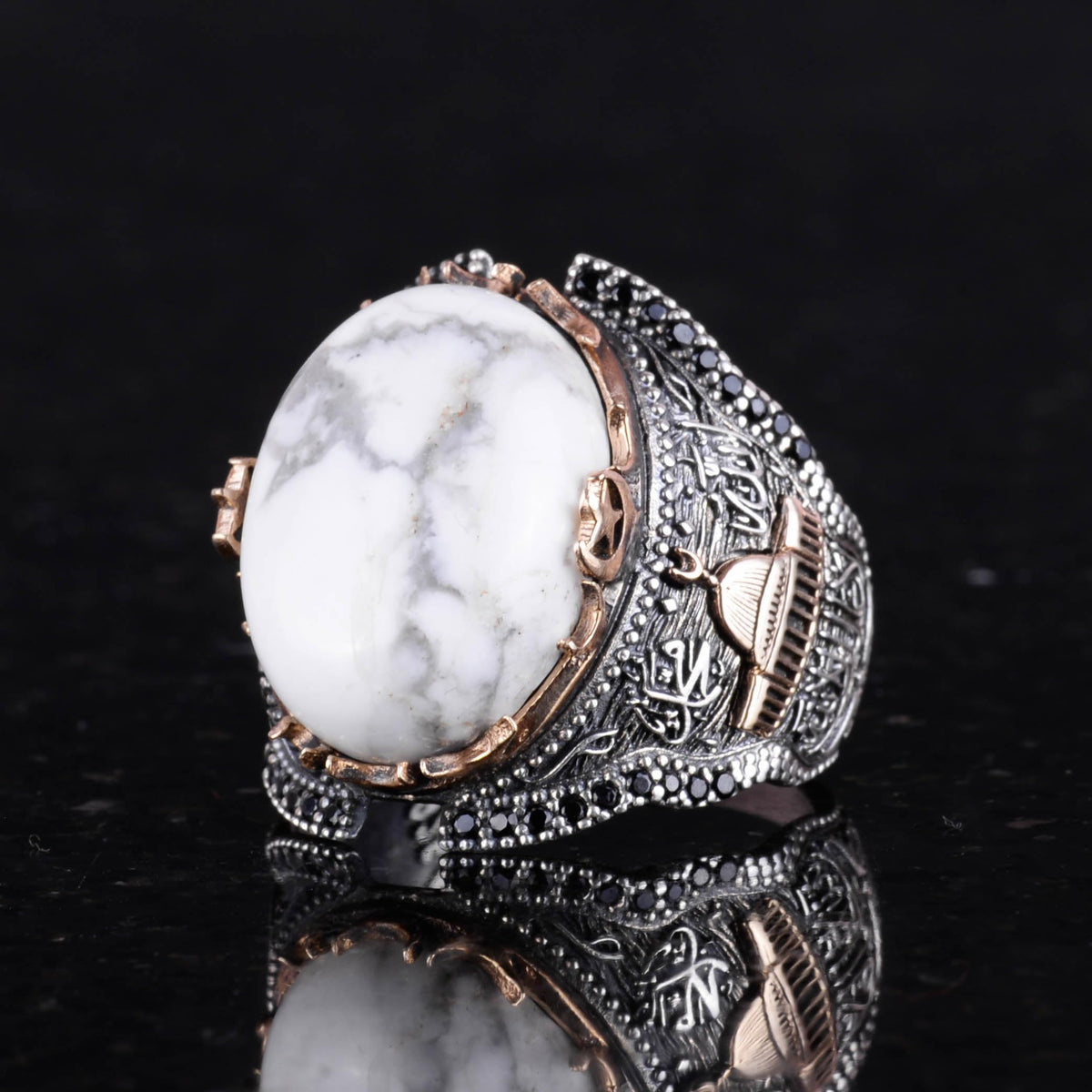 Natural Howlite Stone Men's Ring - 925 Sterling Silver — 5