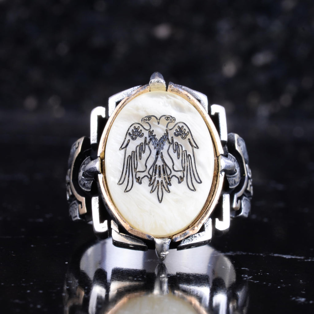 KAMBO Natural Stone Ring 925 Sterling Silver – Handmade Men's Statement Ring Healing Jewelry (Pearl-1 Seljuk Double-Headed Eagle) — 4