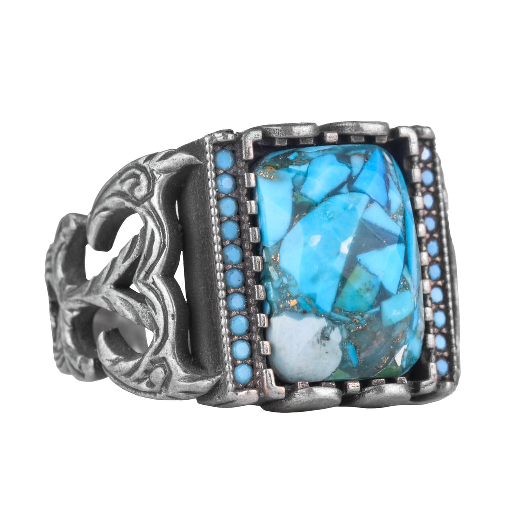 Silver Men's Ring with Natural Turquoise Stone - Brave Square Design