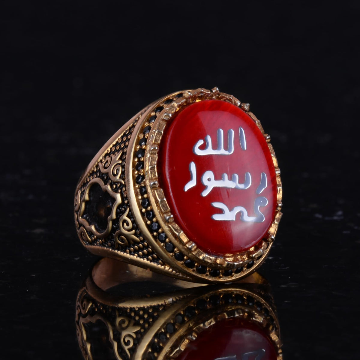 Men's Islamic Ring - 925 Sterling Silver Gold Plated Men's Ring (Red) — 5