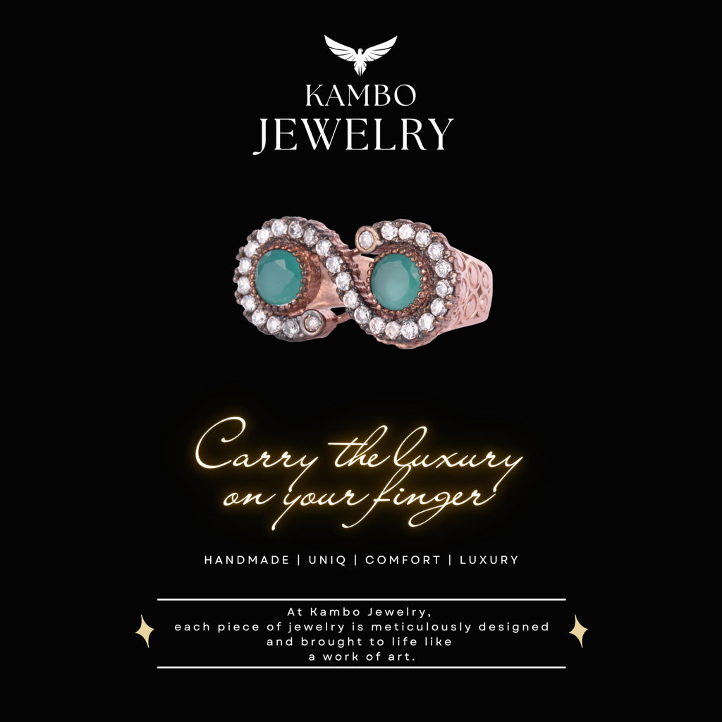 KAMBO 925 Sterling Silver Women's Double Stone Ring – Zircon Halo Rose Gold Plated Green Stone — 8