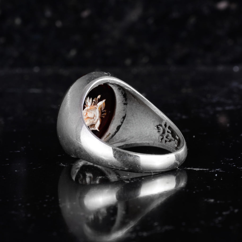 KAMBO Natural Amber Rose Carved Ring 925 Sterling Silver Men's Ring Oval Stone Handmade Vintage Flower Design — 7