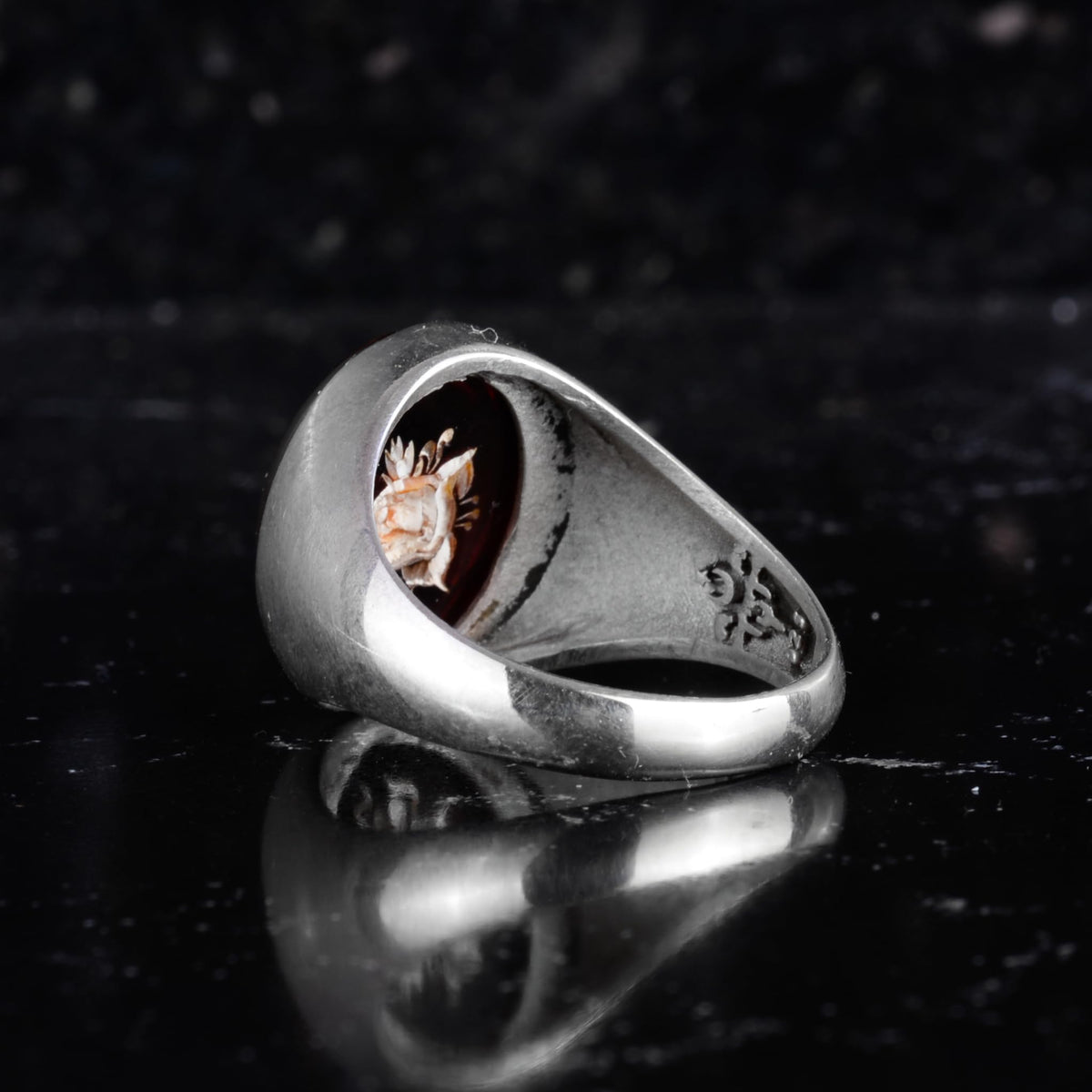 KAMBO Natural Amber Rose Carved Ring 925 Sterling Silver Men's Ring Oval Stone Handmade Vintage Flower Design — 7