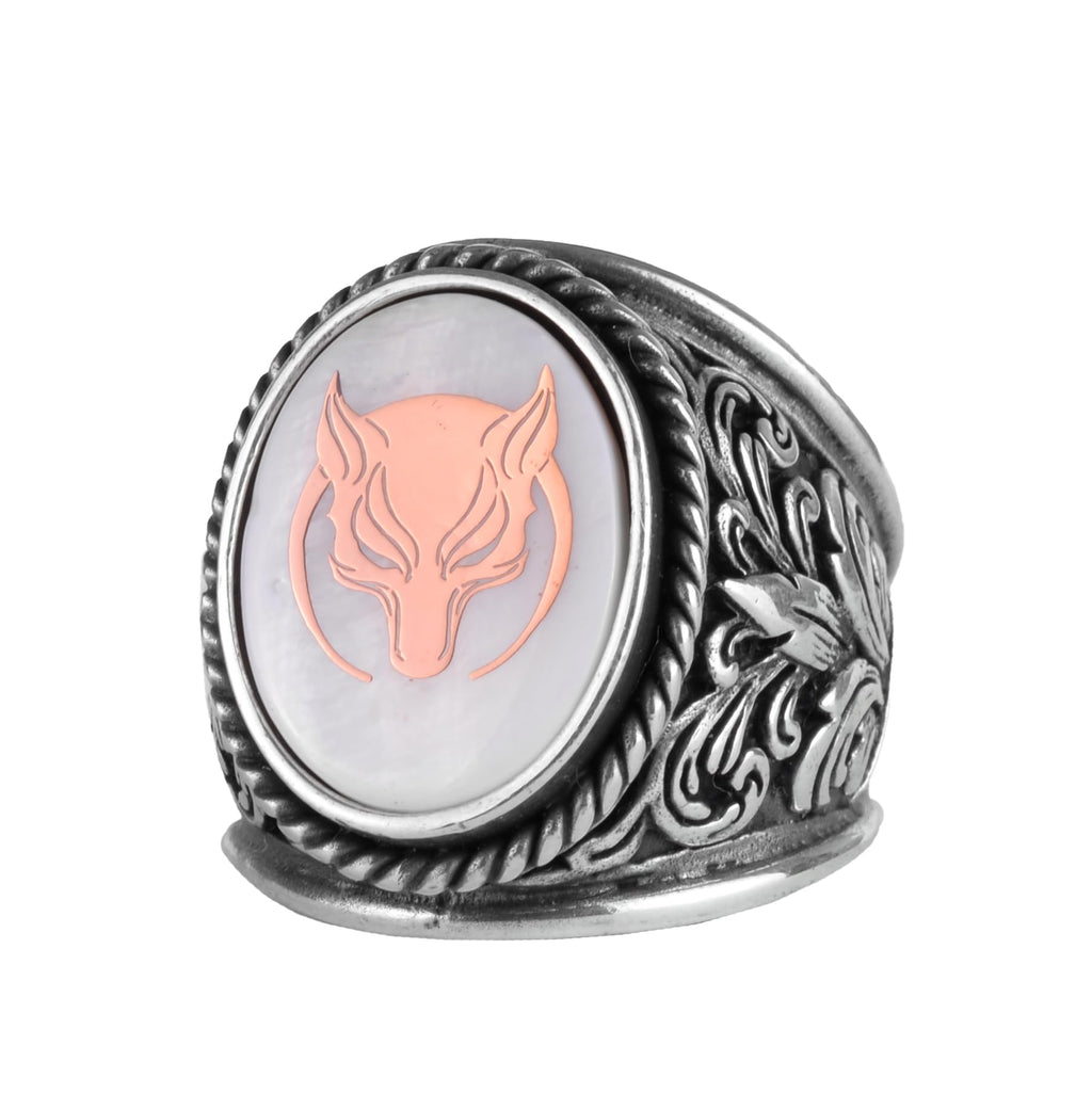 KAMBO Natural Pearl Men's Ring – Fox Symbol Silver Ring – 925 Sterling Silver Statement Ring Handmade