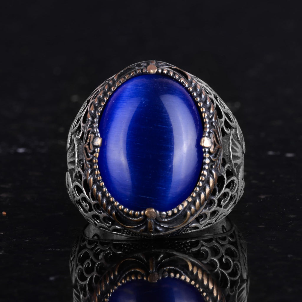 925 Sterling Silver Men's Ring - Blue Cat's Eye Stone Ring - Men's Ring — 4