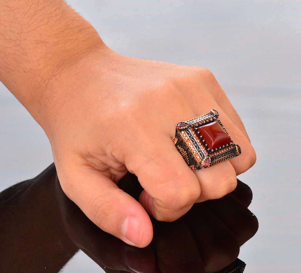 Natural Red Agate Stone Ring - Silver Men's Sultan Ring — 3