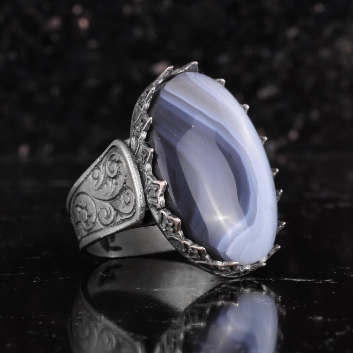 KAMBO Handmade Men's Ring with Natural Yemen Agate Stone – 925 Sterling Silver Statement Ring – Gray Band Aqeeq Stone Vintage Ottoman Style Masculine Jewelry — 6