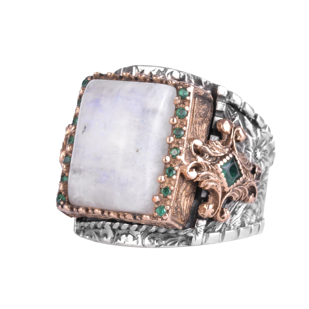 KAMBO Natural Moonstone Men's Ring 925 Sterling Silver – Green Accent Stone Handmade Statement Ring – Vintage Design Jewelry