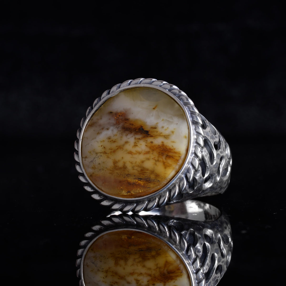 Natural Amber Stone Men's Ring – 925 Sterling Silver Handmade Round Ring – Men's Vintage Statement Jewelry (Amber -1) — 5