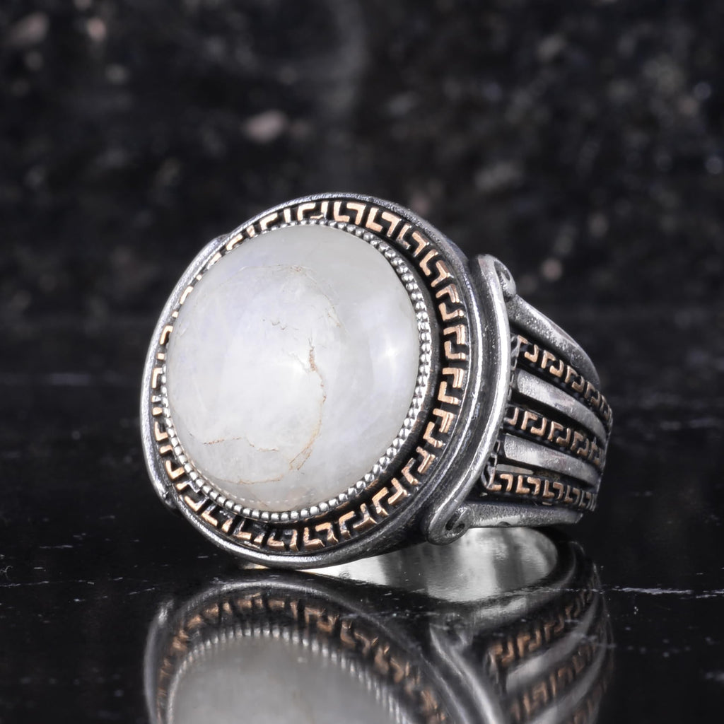 KAMBO Stone Round Men's Ring 925 Sterling Silver – Cabochon Handmade Vintage Greek Pattern Statement Ring (Moonstone) — 5