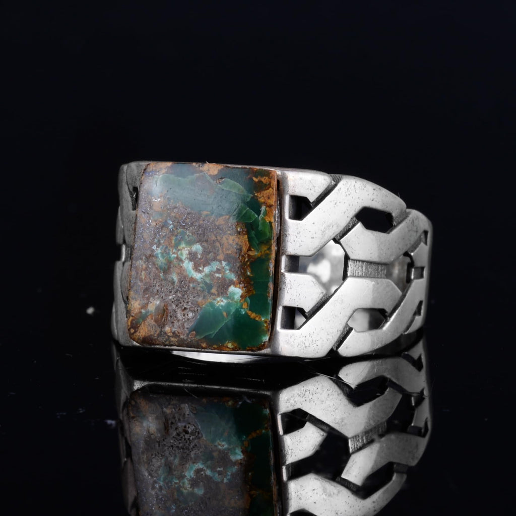 KAMBO Natural Turquoise Stone Rectangular Men's Ring – 925 Sterling Silver Handmade Geometric Design Ring (Turquoise-3) — 4