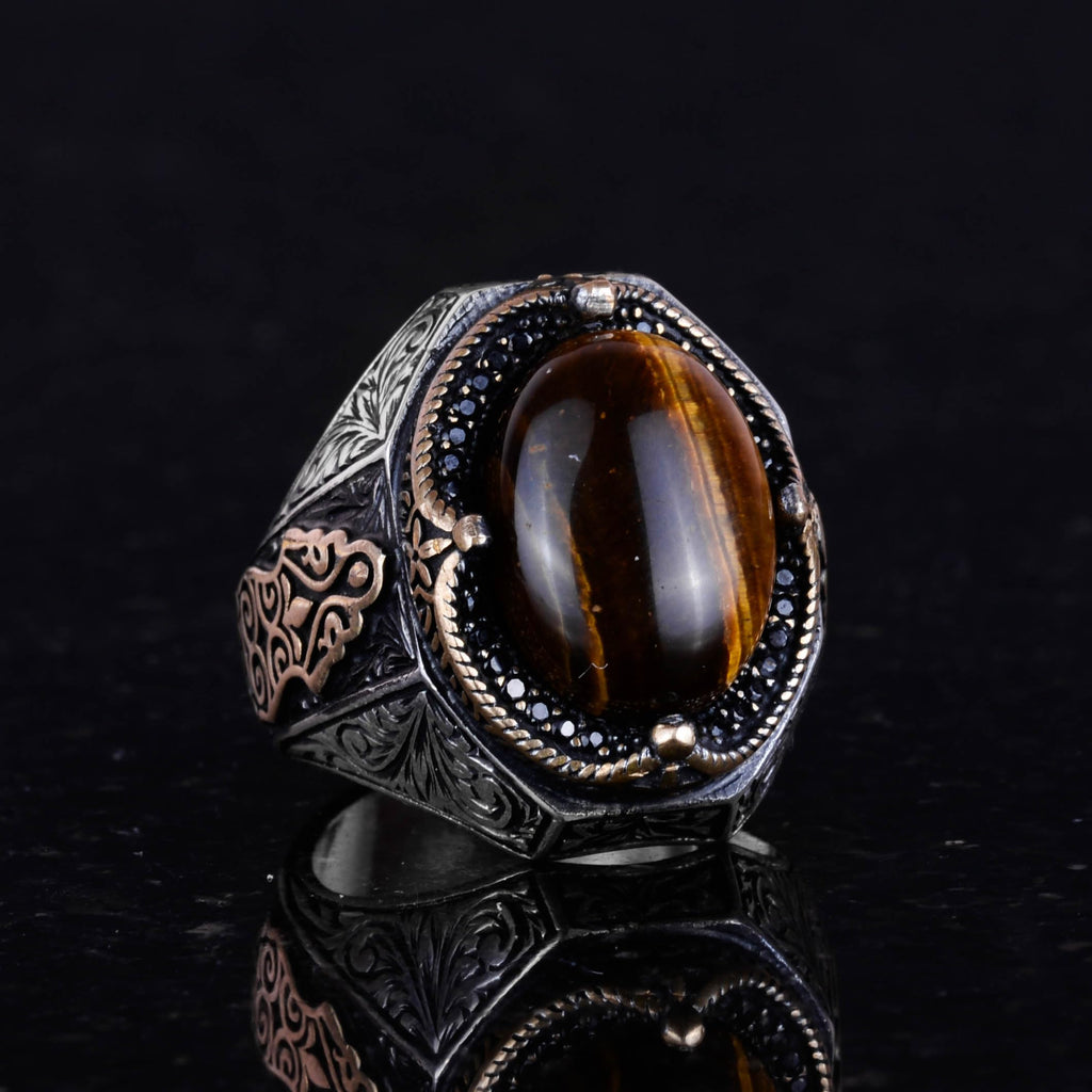 Handmade Cabochon Tiger Eye Stone Ring - 925 Sterling Silver Men's Ring — 4