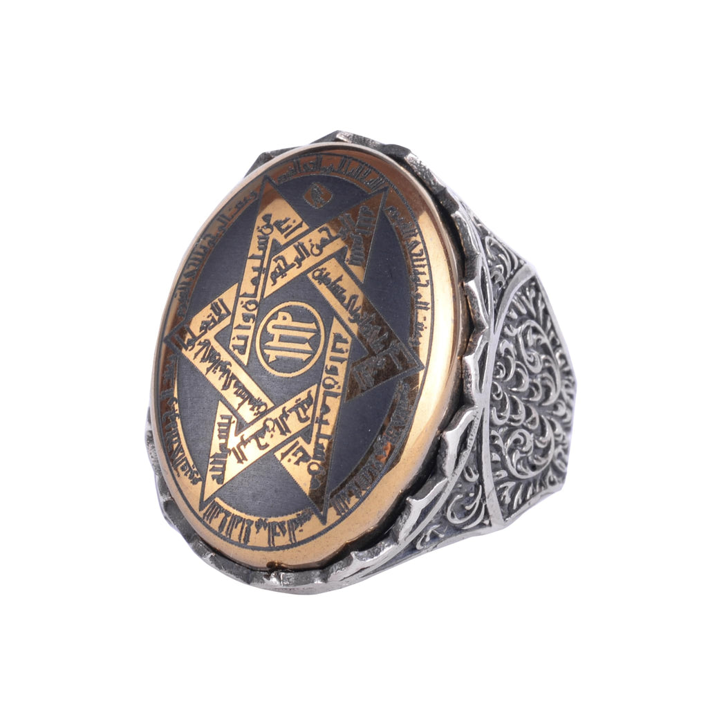 KAMBO Natural Hematite Stone Star of David Ring – 925 Sterling Silver Men's Large Oval Statement Ring – Ornate Carved Vintage Design