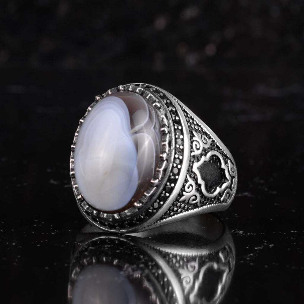 KAMBO Natural Agate Stone Men's Ring – Band Stone – 925 Sterling Silver Handmade Statement Ring – Vintage Ottoman Style Men's Jewelry (Agate-4) — 5