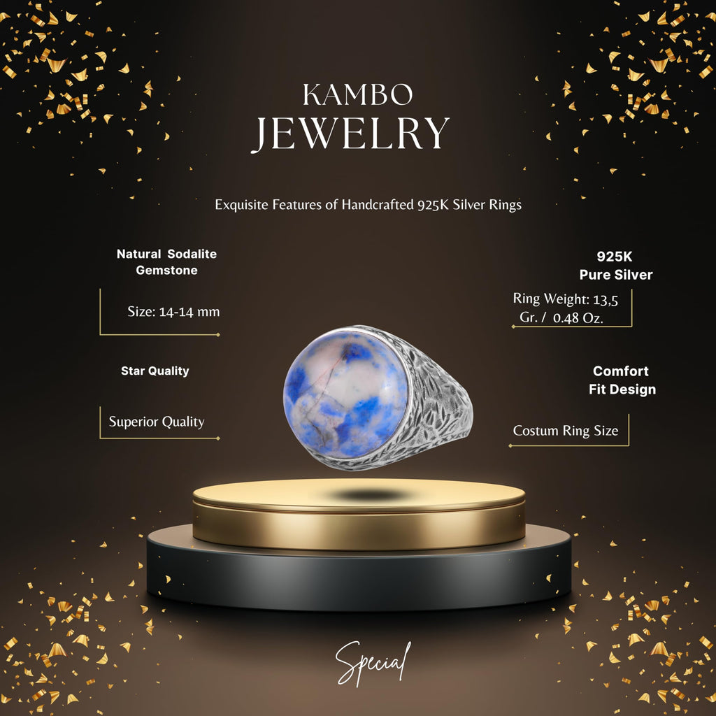 KAMBO Natural Stone Men's Ring 925 Sterling Silver Round Cabochon Handmade Statement Ring Stone (Sodalite) — 2