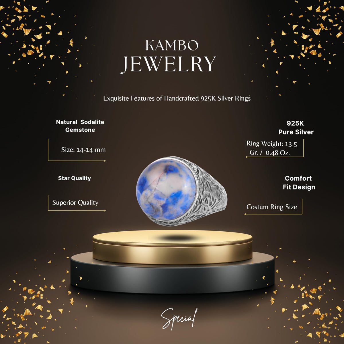 KAMBO Natural Stone Men's Ring 925 Sterling Silver Round Cabochon Handmade Statement Ring Stone (Sodalite) — 2